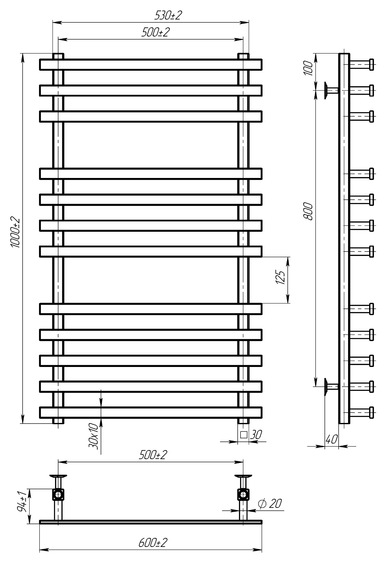 Radiator de baie OMEGA 500*1000 inox (negru) - Imagine 2